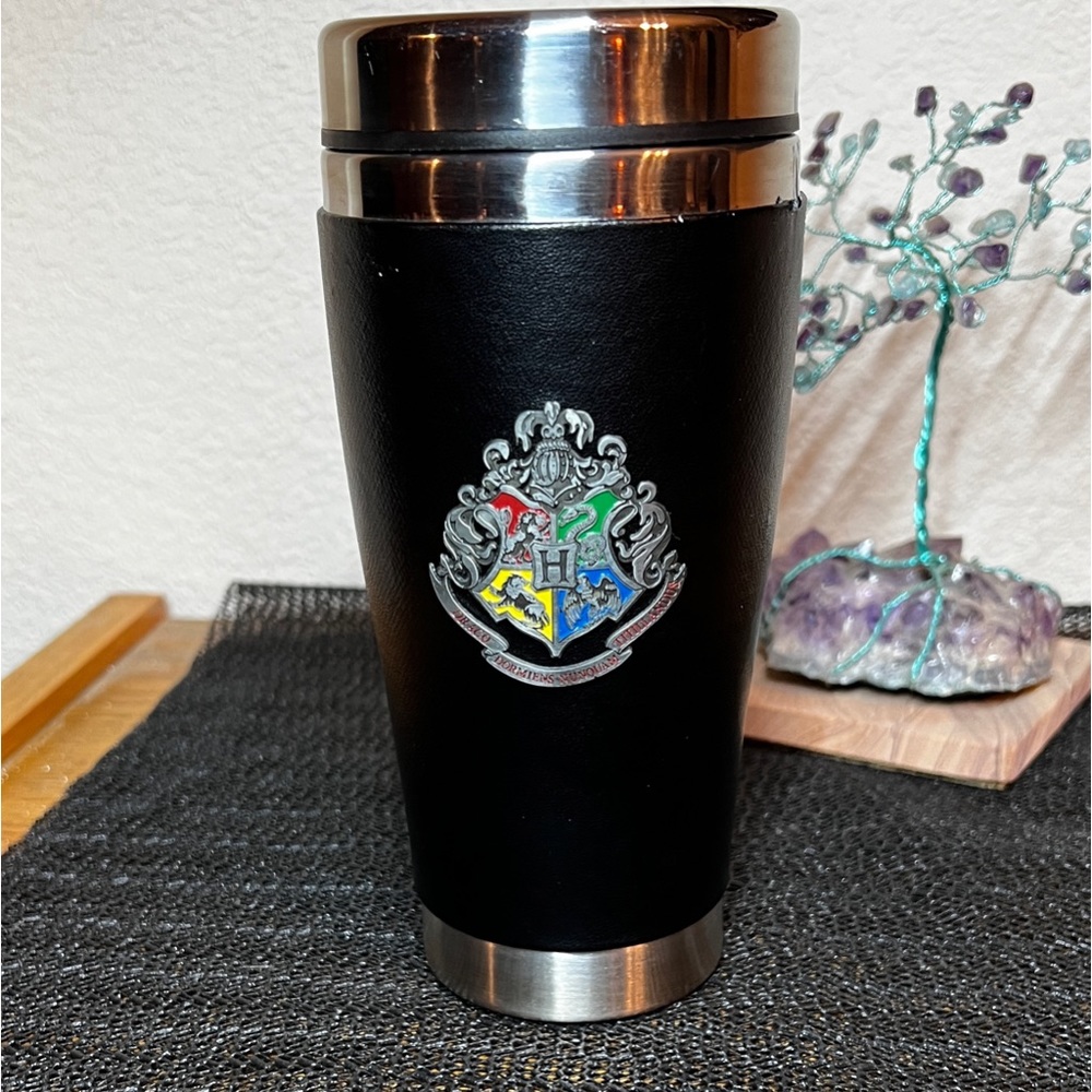 Hogwarts Medallion Crest Faux Leather Wrap Travel Tumbler Slide Open Lid 16 Oz